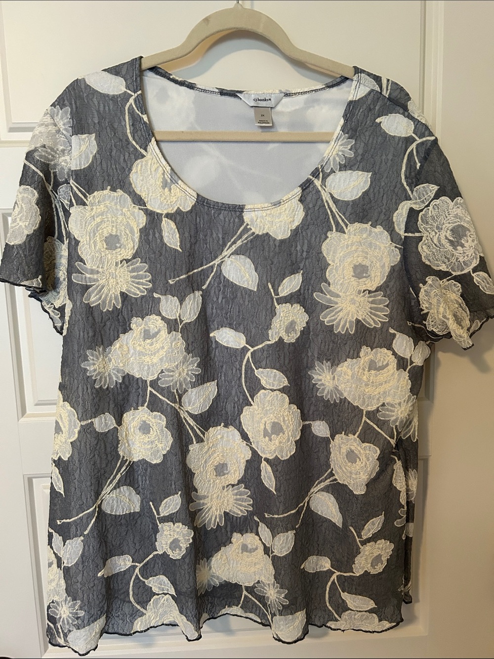 CJ Banks Gray Tee with Cream Floral Embroidery